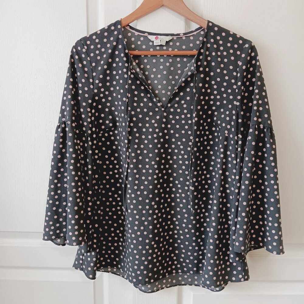 Boden Women's Gray Light Pink Polka Dot Boho Sleeve Top Size 8